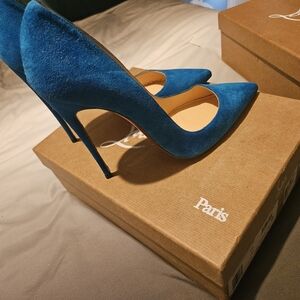 Christian Louboutin Teal Suede Pointed-Toe Stiletto Pumps